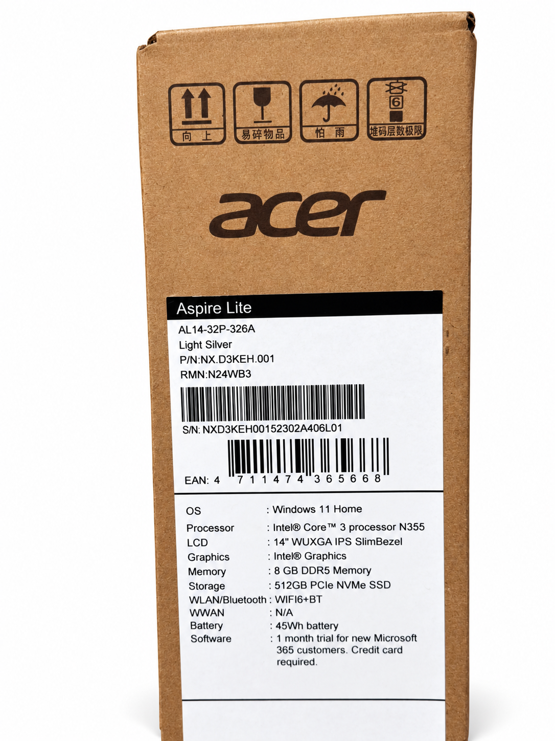 Laptop Acer Aspire Lite 14 AL14-32P-326A, Intel Core 3 N355, 8GB RAM, 512GB SSD, IPS 14”, Light Silver