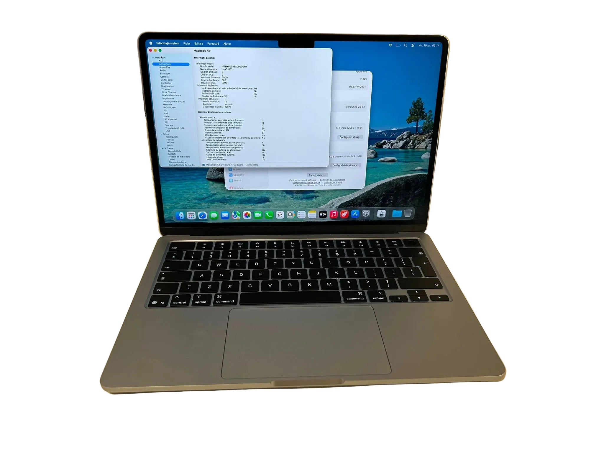 MacBook Air 13" Apple M4 16GB RAM / 256GB SSD – Baterie 100%, 12 Cicluri, Cu Încărcător
